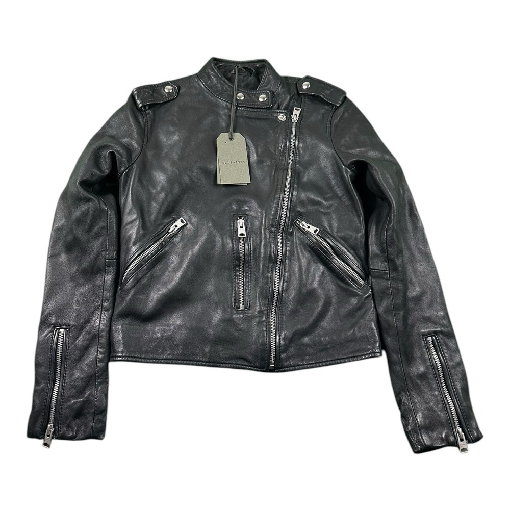 NWT Allsaints Long Sleeve Klyn Sheep Leather Biker Jacket Black Womens Size 2